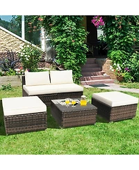 5PCS Patio Rattan Wicker Furniture Set Armless Sofa Ottoman Cushioned Garden