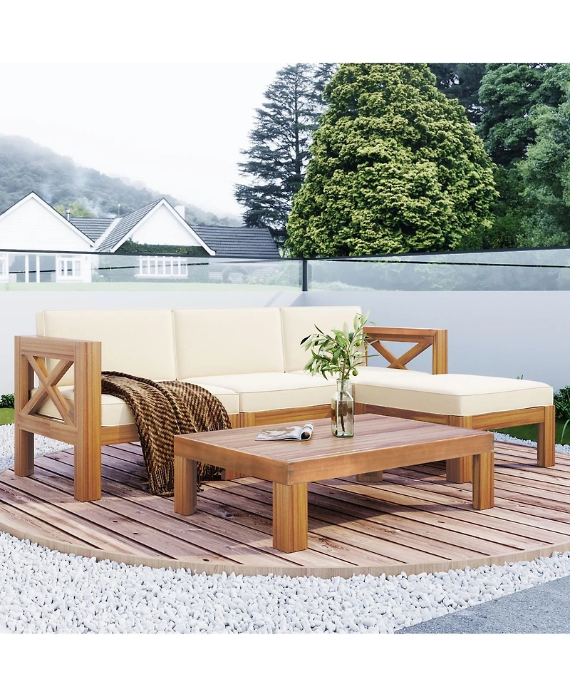 Mondawe Outdoor Wood 5-Piece Sectional Sofa Seating Group Set with Cushions