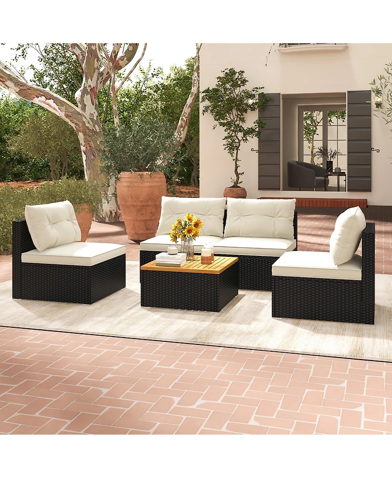 Gymax 5PCS Rattan Patio Conversation Sofa Set Outdoor Furniture Set w/ Cushions