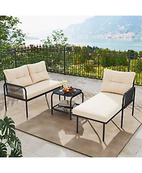 Gymax 3-Piece L Shaped Patio Furniture Set w/Tempered Glass Table Back & Seat Cushions