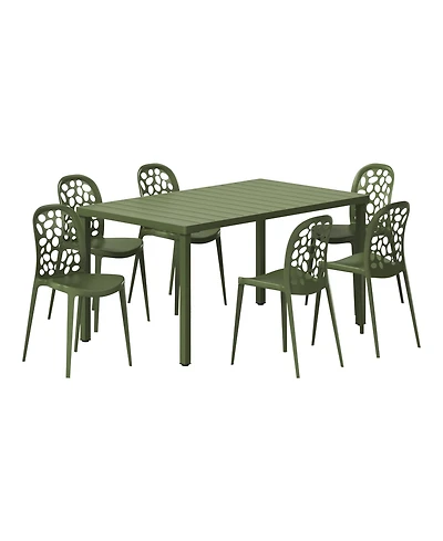 7-Piece Outdoor Metal Rectangle Patio Dining Table Set With Stackable Side Chairs