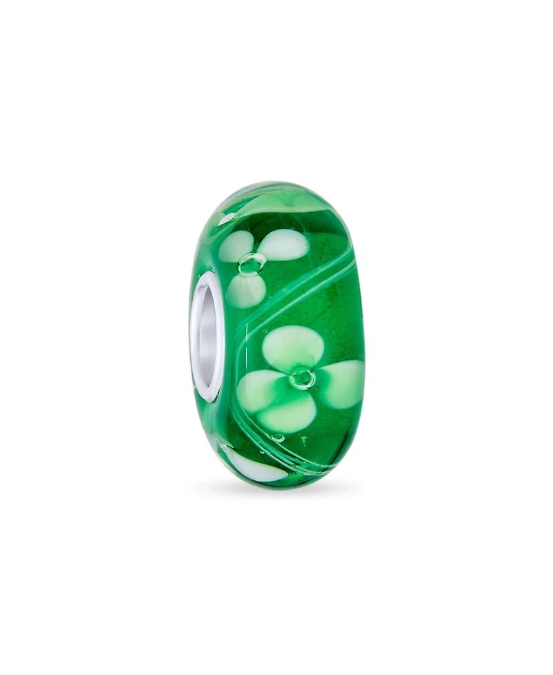 Bling Jewelry Set of 4 Green Floral Hibiscus Glass Charm Bead Silver for European Bracelet