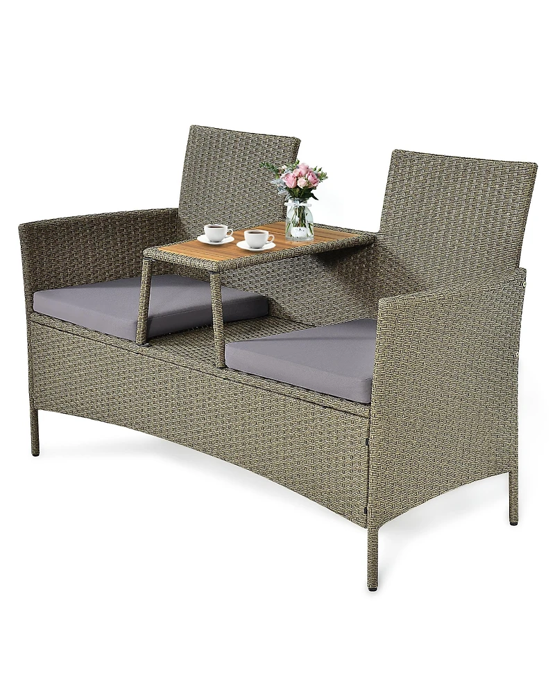 2-Person Patio Rattan Conversation Furniture Set Loveseat Coffee Table