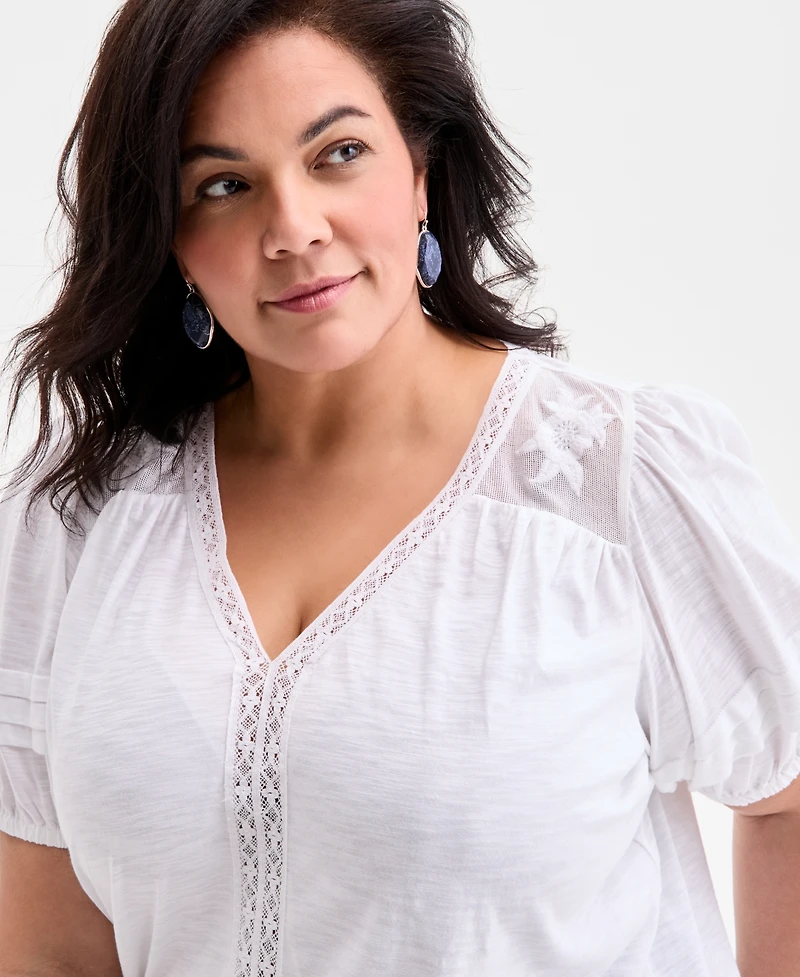 Style & Co Plus V-Neck Short-Sleeve Contrast-Trim Top, Exclusively at Macy's