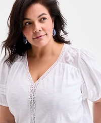 Style & Co Plus V-Neck Short-Sleeve Contrast-Trim Top, Exclusively at Macy's