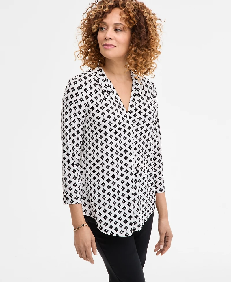 Jm Collection Women's Printed V-Neck 3/4-Sleeve Top, Exclusively at Macy's