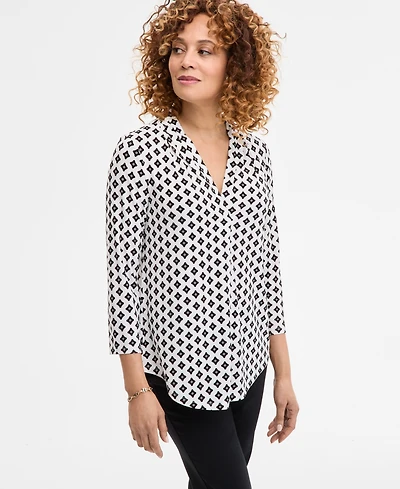 Jm Collection Women's Printed V-Neck 3/4-Sleeve Top, Exclusively at Macy's