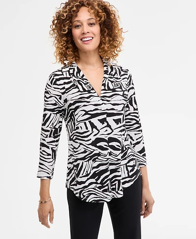 Jm Collection Women's Printed V-Neck 3/4-Sleeve Top, Exclusively at Macy's