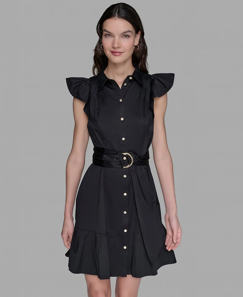 Karl Lagerfeld Paris Women's Flutter-Sleeve Belted Flounce-Hem Dress