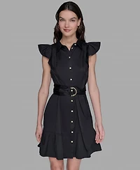 Karl Lagerfeld Paris Women's Flutter-Sleeve Belted Flounce-Hem Dress