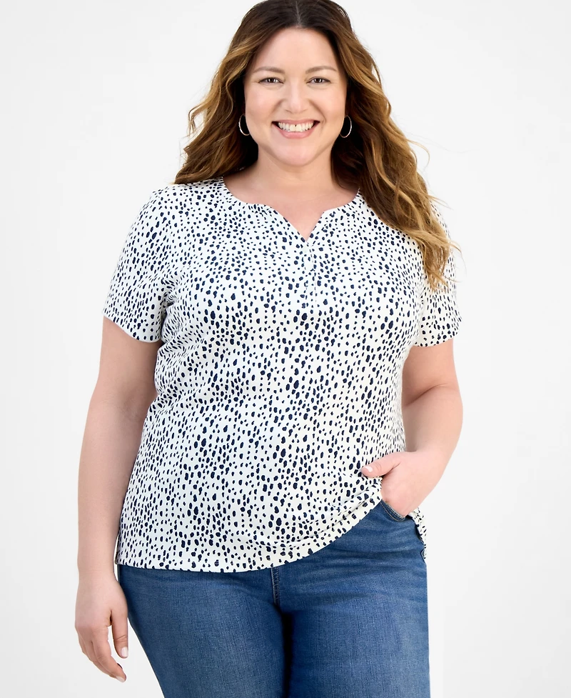 Style & Co Plus Printed Henley Short-Sleeve Top, Exclusively at Macy's