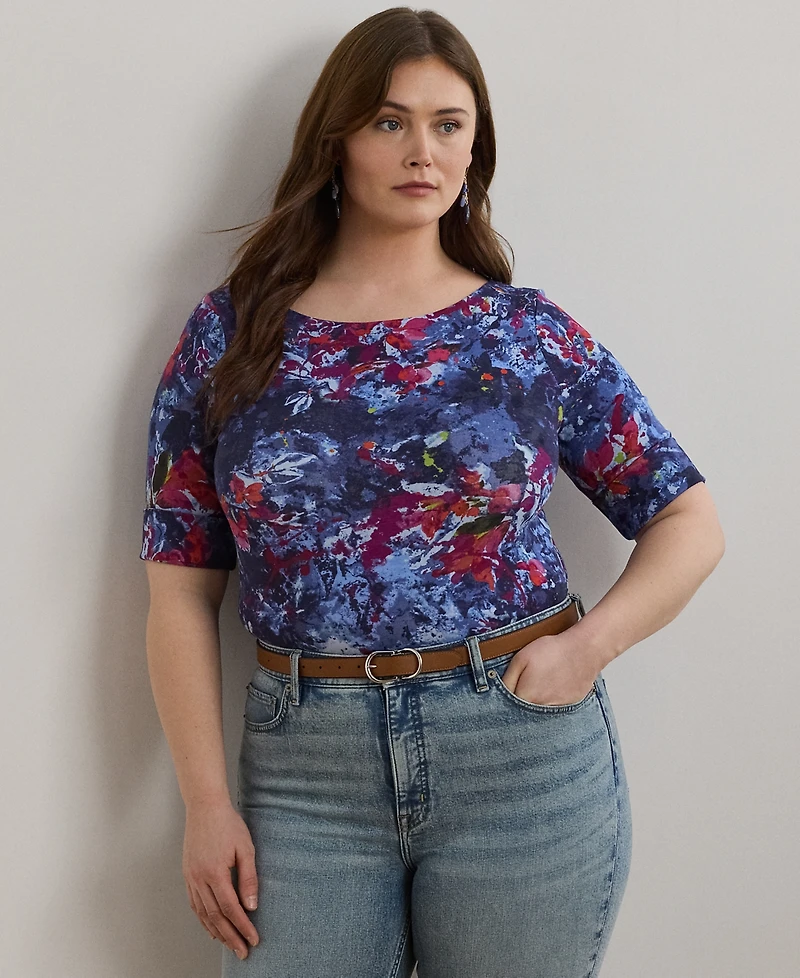 Lauren Ralph Lauren Plus Size Print Stretch Cotton Boatneck Tee
