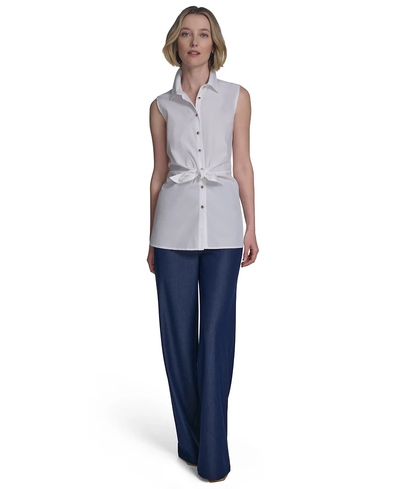 Halston Women's Cotton Tie-Waist Button-Front Sleeveless Blouse