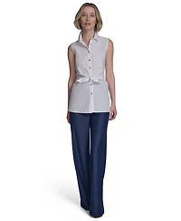 Halston Women's Cotton Tie-Waist Button-Front Sleeveless Blouse