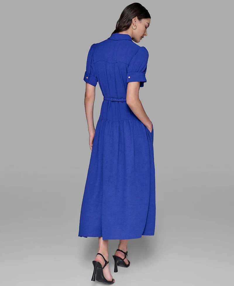 Karl Lagerfeld Paris Women's Belted Puff-sleeve Midi Shirtdress