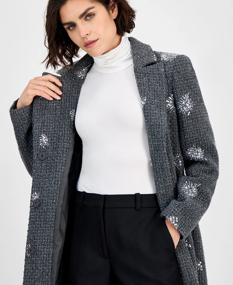 CeCe Women's Single-Breasted Sparkle Boucle Maxi Coat