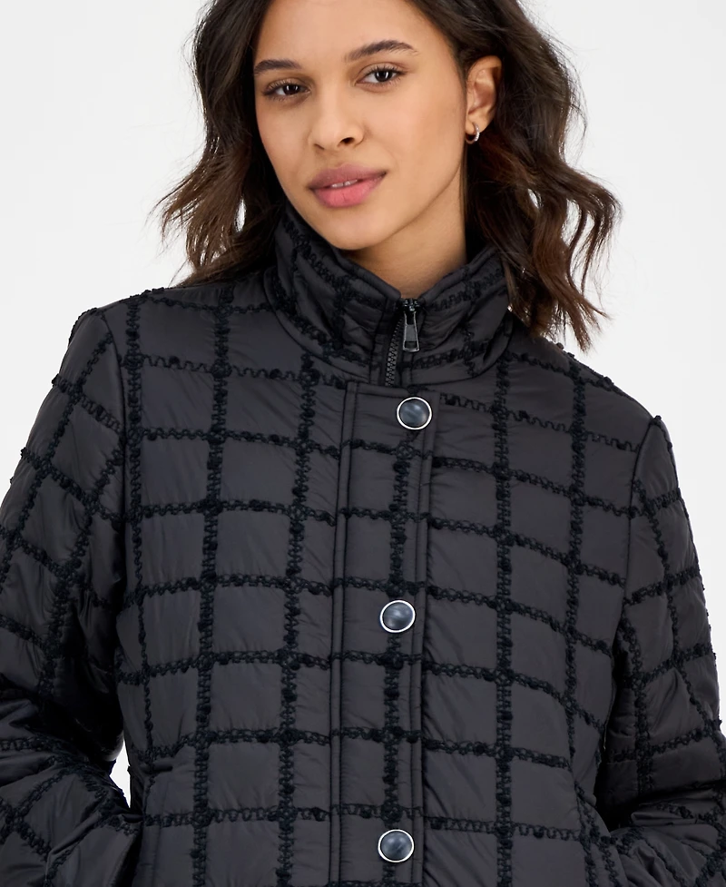CeCe Women's Short Boucle Windowpane Quilted Coat