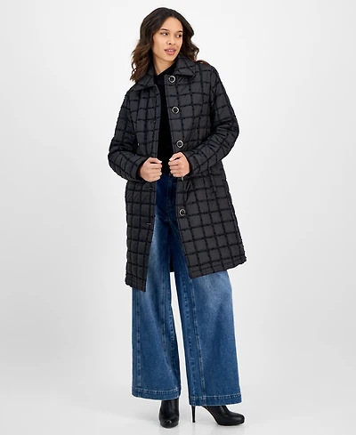 CeCe Women's Long Boucle Windowpane Quilted Coat