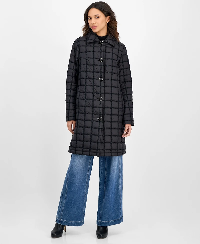 CeCe Women's Long Boucle Windowpane Quilted Coat