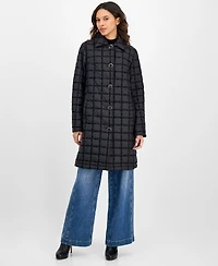 CeCe Women's Long Boucle Windowpane Quilted Coat