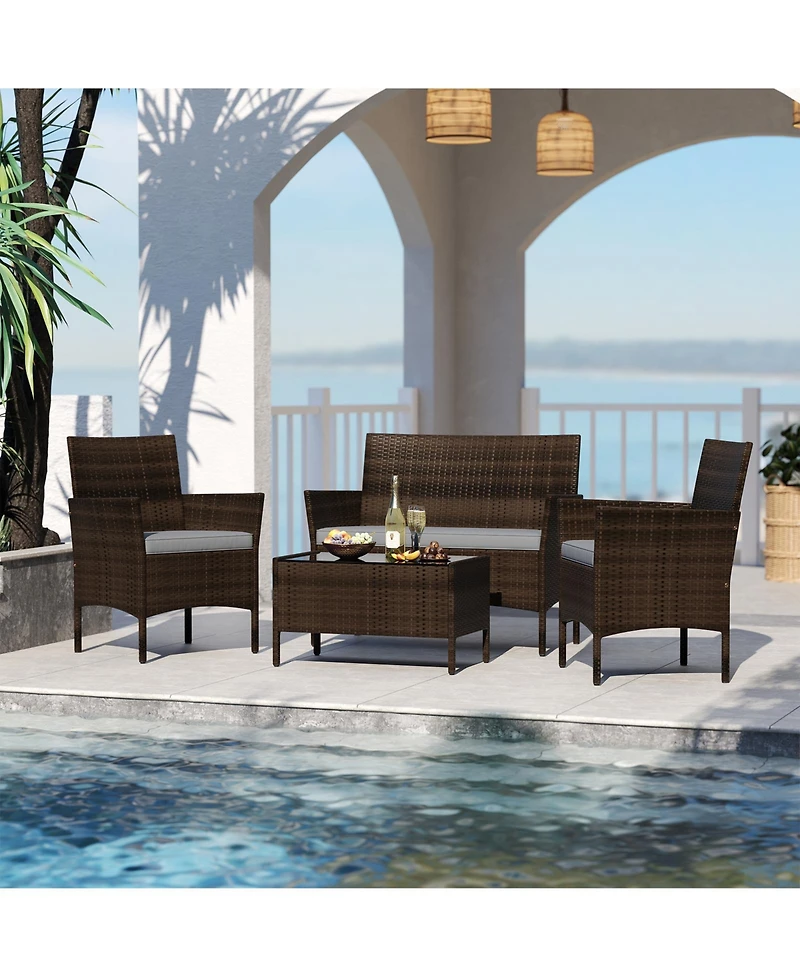 4 Pieces Patio Conversation Set, Patio Pe Rattan Outdoor Set w/