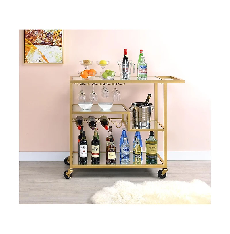 Modern Glass Bar Cart – 2-Tier Rolling Cart with Metal Frame for Entertaining
