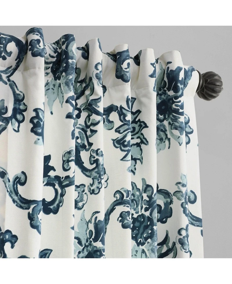 Half Price Drapes Indonesian Blue Floral Printed Cotton Room Darkening Curtain