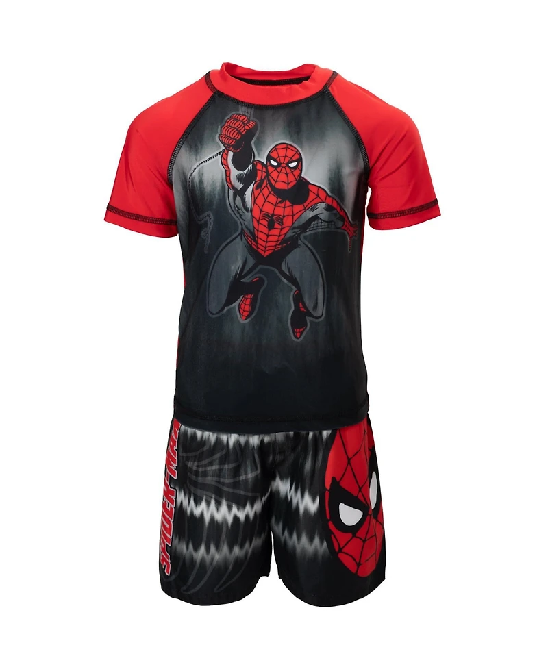 Avengers Boys Spider-Man Upf 50+ Rash Guard and Swim Trunks Outfit Set