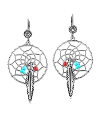 Sterling Silver Kingman Turquoise and Red Coral Dreamcatcher Feather Dangle Earrings