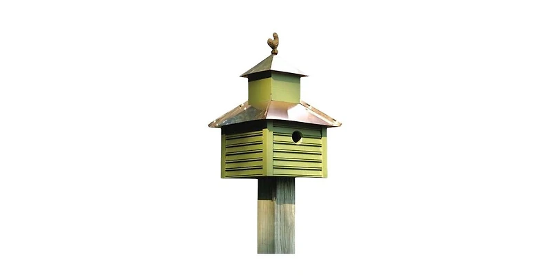 Birdhouse with Bright Copper Roof and Rooster Top for Garden Decor