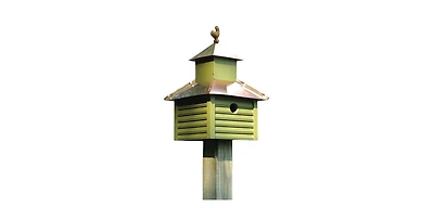 Birdhouse with Bright Copper Roof and Rooster Top for Garden Decor