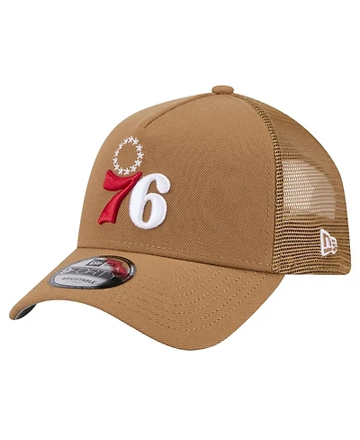 New Era Men's Tan Philadelphia 76ers 9FORTY A-Frame Trucker Adjustable Hat