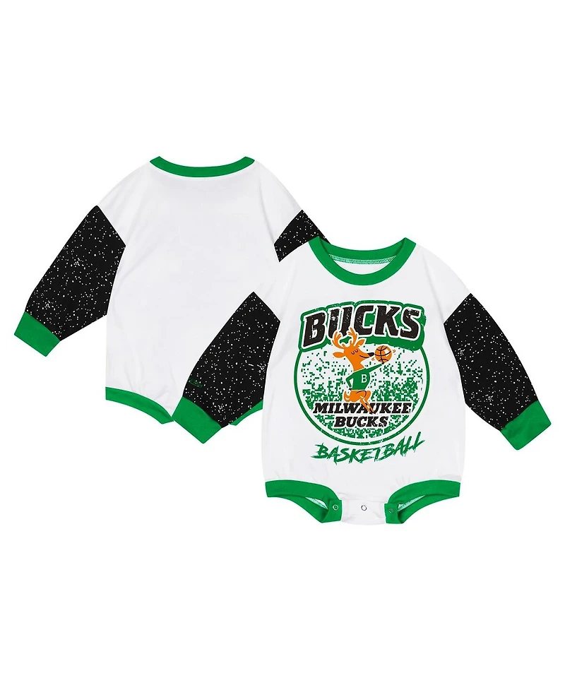 Mitchell & Ness Baby Boys and Girls White Milwaukee Bucks Hardwood Classics Posterboard Oversize Long Sleeve Bodysuit