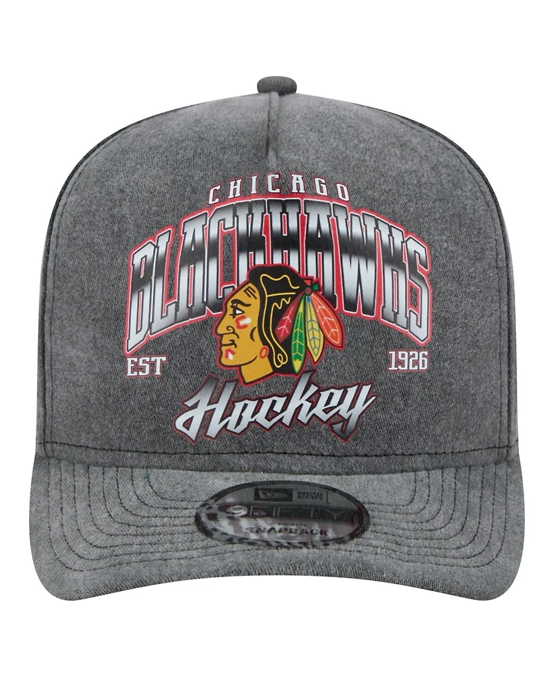 New Era Men's Charcoal Chicago Blackhawks Throwback Washed A-Frame Pre-Curved 9FIFTY Snapback Hat