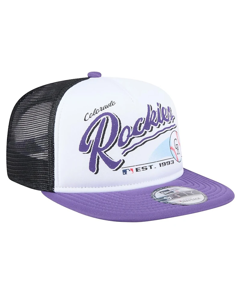 New Era Men's White/Purple Colorado Rockies Retro Script Trucker 9FIFTY Snapback Hat