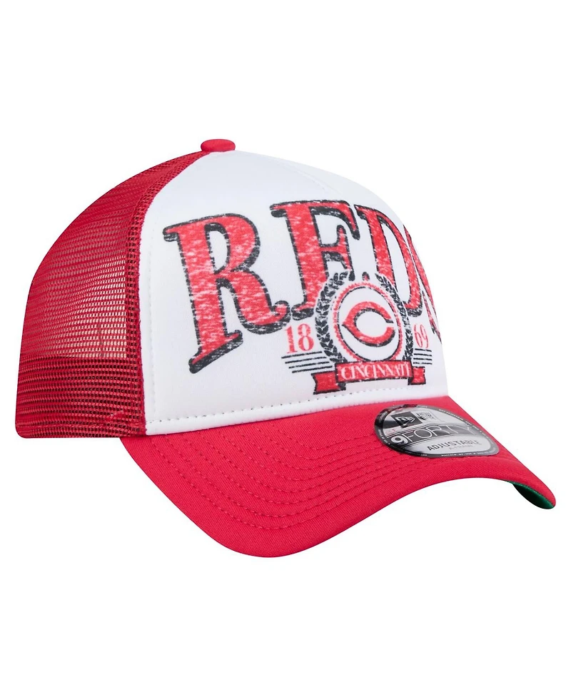 New Era Men's White/Red Cincinnati Reds Distressed 9FORTY A-Frame Adjustable Trucker Hat