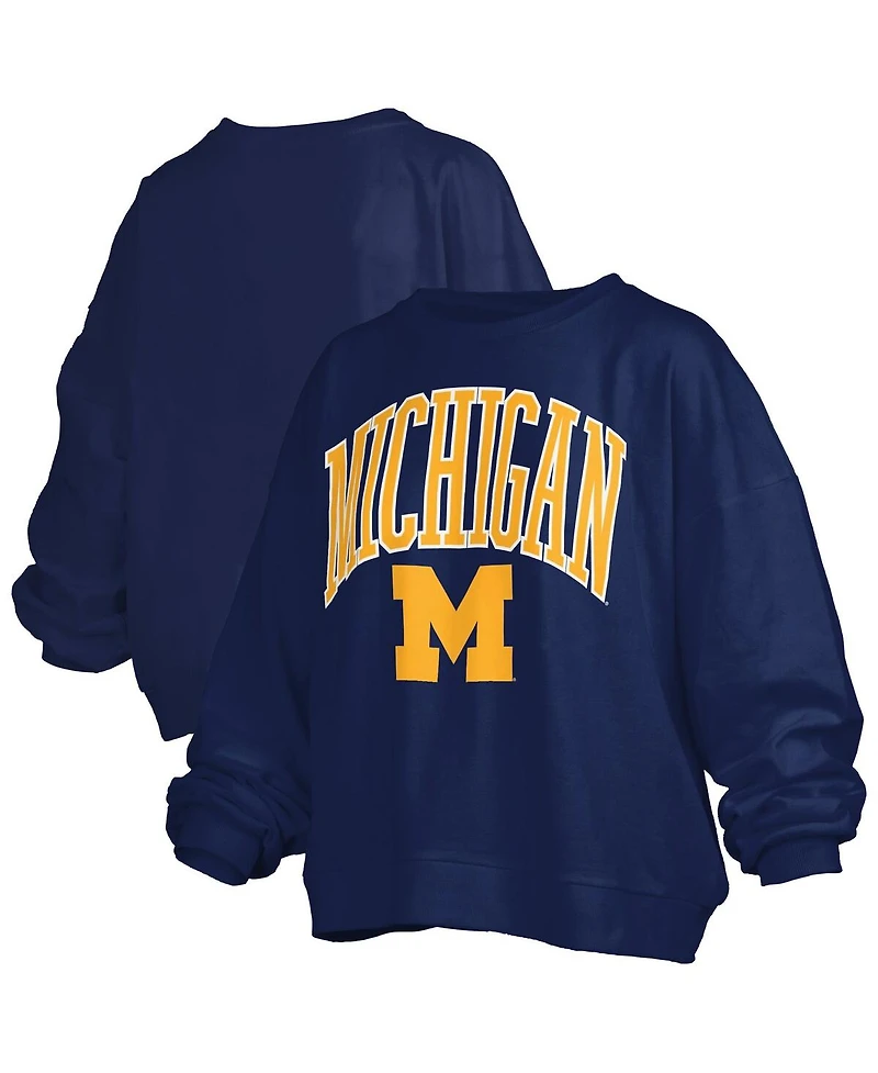 Pressbox Women's Navy Michigan Wolverines Janise Arch Over Logo Waist Length Oversized Pullover Sweatshirt