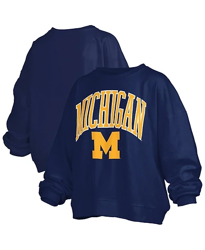 Pressbox Women's Navy Michigan Wolverines Janise Arch Over Logo Waist Length Oversized Pullover Sweatshirt