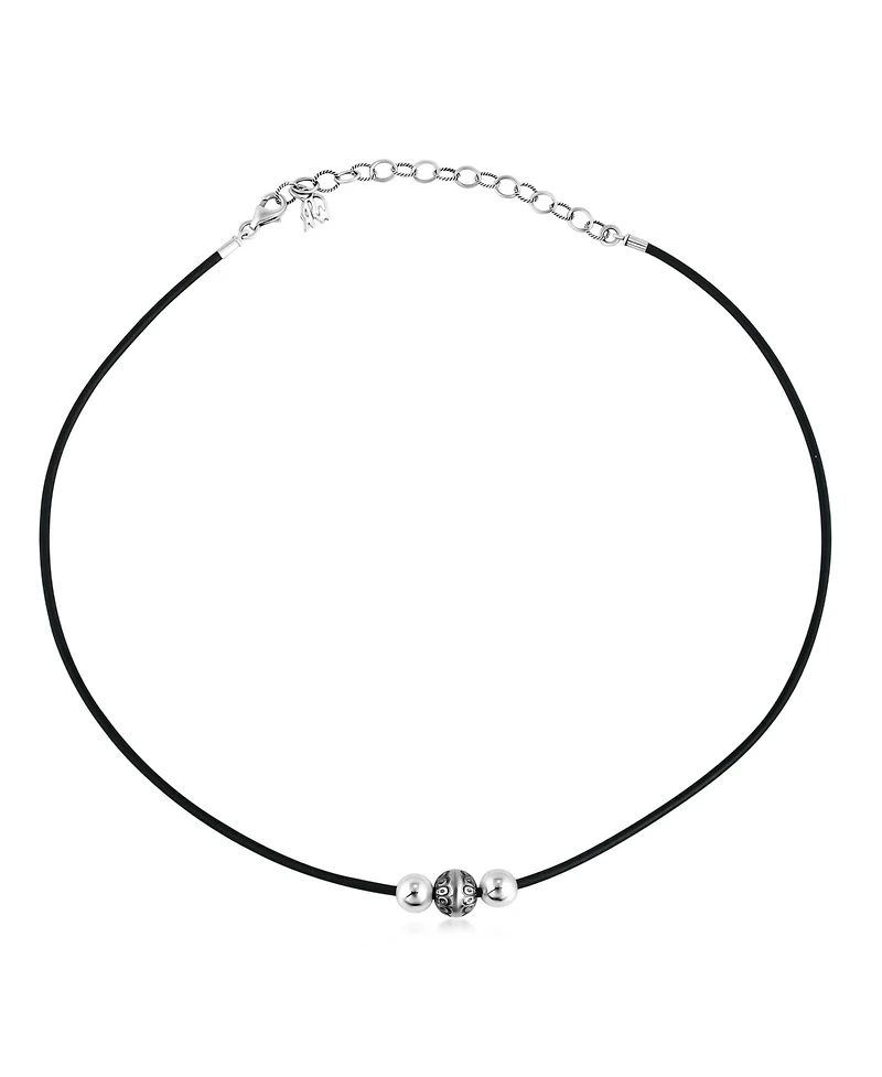 Sterling Silver Black Leather 3 Bead Necklace, 17 to 20 Inches
