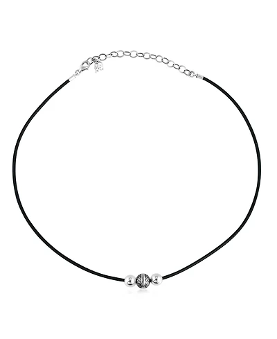 Sterling Silver Black Leather 3 Bead Necklace, 17 to 20 Inches