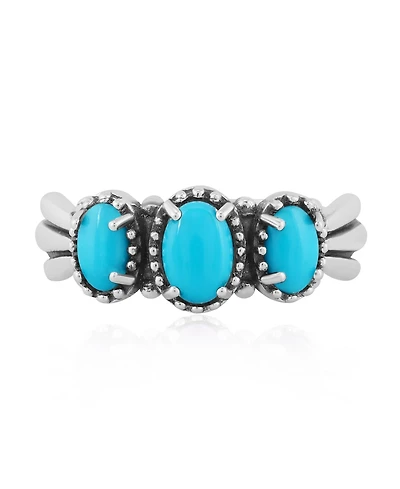 Sterling Silver Sleeping Beauty Turquoise 3-Stone Fan Ring, Size 9