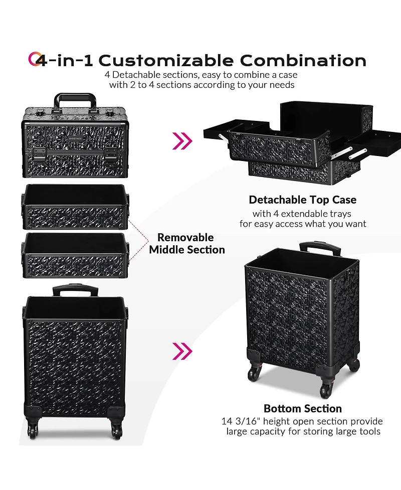 Byootique Rolling Makeup Train Case 3-Piece Cosmetic Organizer Kit Trolley Travel Lockable Salon Barber Traveling Cart Trunk with