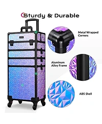 Byootique Rolling Makeup Train Case 3-Piece Cosmetic Organizer Kit Trolley Organizer Travel Case Lockable Salon Barber Case Traveling Cart Trunk with