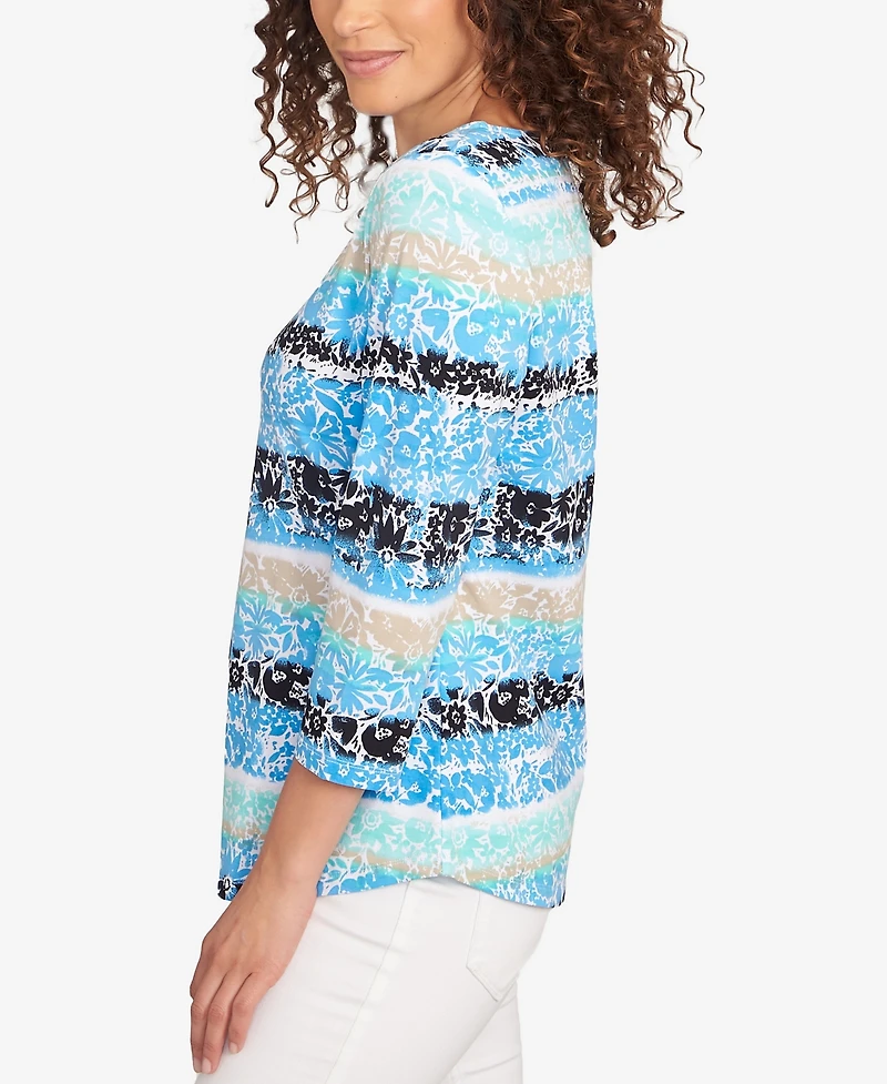 Ruby Rd. Petite Watercolor Floral Stripe Top