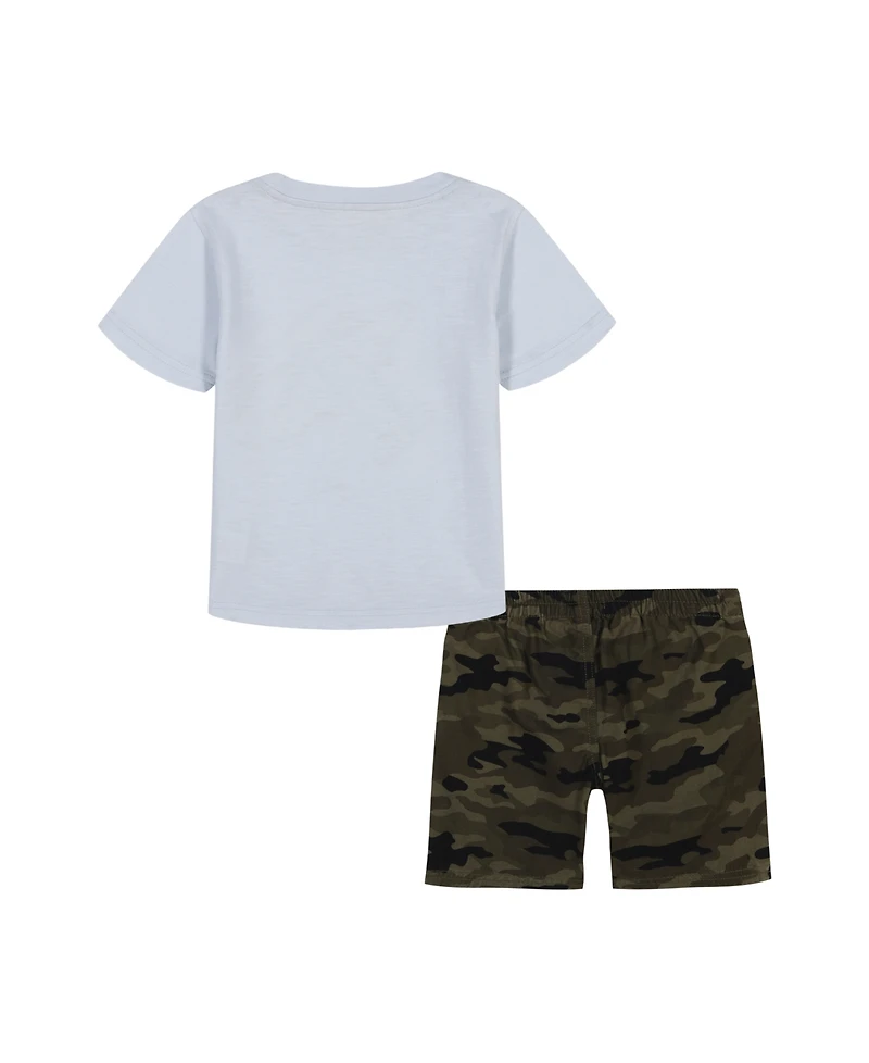 Kids Headquarters Toddler and Little Boys 2-Piece Slub Jersey Graphic T-Shirt Camo Twill Cargo Shorts Set