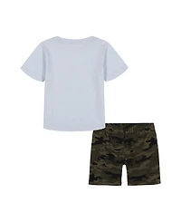 Kids Headquarters Toddler and Little Boys 2-Piece Slub Jersey Graphic T-Shirt Camo Twill Cargo Shorts Set