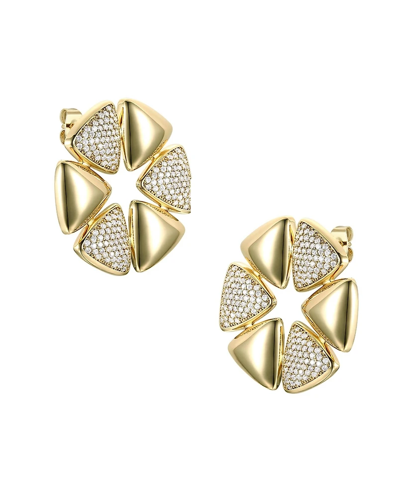 14k Gold Plated with Cubic Zirconia Pave Large Modern Abstract Flower Stud Earrings