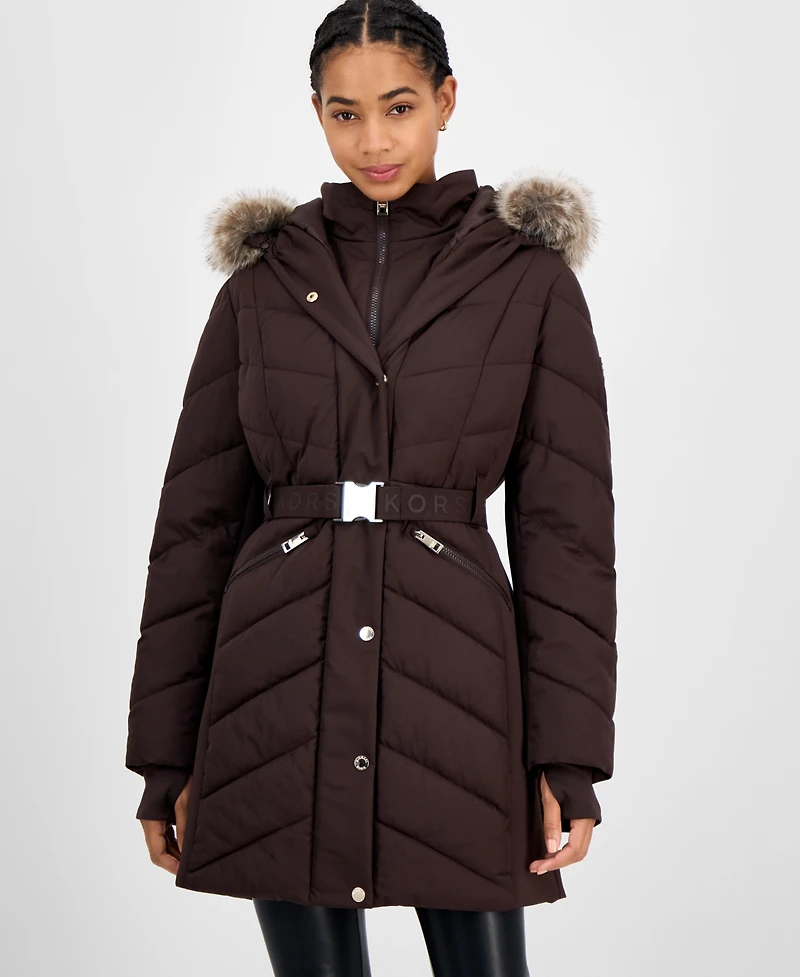 Michael Kors Women's Faux-Fur-Trim Hooded Belted Puffer Coat