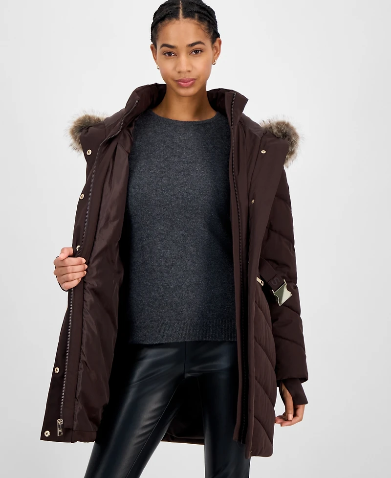Michael Kors Women's Faux-Fur-Trim Hooded Belted Puffer Coat