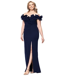 Xscape Plus Ruffled Side-Slit Evening Gown